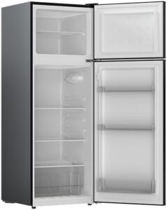 Frigidaire 7.5 Cu Ft Refrigerator with Top Freezer in black with chrome handles