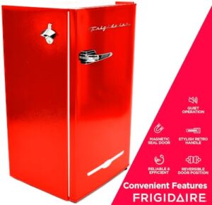 Frigidaire Retro Compact Fridge in Red, 3.2 cu ft, ideal for offices, bedrooms, dorm rooms, or cabins