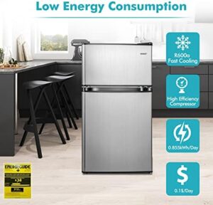 COSTWAY Compact Refrigerator in Silver, featuring 3.2 Cu.Ft. capacity, freezer compartment, and adjustable thermostat