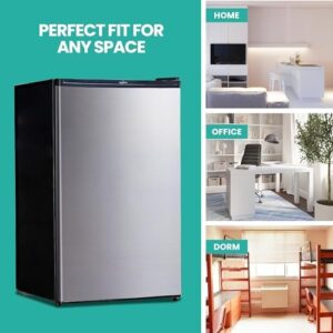 Koolatron 4.4 Cu Ft Energy Efficient Stainless Steel Mini Fridge with Freezer in a modern home office setting