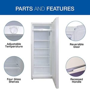 Koolatron Garage-Ready Upright Freezer with tempered glass shelves and reversible door, designed for garages, sheds, and basements.