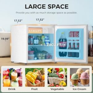 Antarctic Star Mini Fridge Compact Refrigerator with Freezer in White, featuring a removable glass shelf and defrost button  