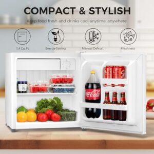 Antarctic Star Mini Fridge Compact Refrigerator with Freezer in White, featuring a removable glass shelf and defrost button  