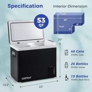 COSTWAY Portable Car Refrigerator, 53-Quart Dual-Zone Electric Cooler with Independent Temperature Control  