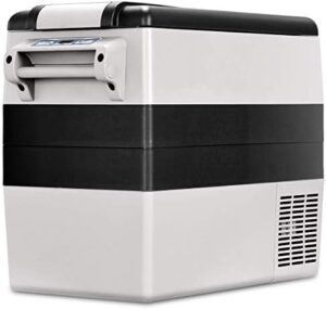 Goplus 54 Quarts Portable Refrigerator Freezer, ideal for car, office, and camping use, with adjustable temperature and dual power options