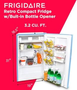 Frigidaire EFR376-BLUE 3.2 Cu Ft Blue Retro Bar Fridge with Side Bottle Opener in a stylish retro blue design  