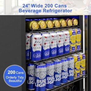 Beverage Refrigerator 24 inch-200 Can Drink Fridge with Glass Door, Under Counter/Freestanding Cooler