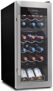 NutriChef Wine Fridge with dual-zone temperature control, 18 bottle capacity, and sleek stainless steel design.