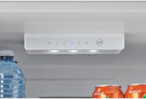 iio Retro Refrigerator with Bottom Freezer in Wine Red, showing Frost Free and 360° Multiflow Cooling features