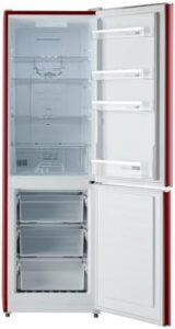 iio Retro Refrigerator with Bottom Freezer in Wine Red, showing Frost Free and 360° Multiflow Cooling features