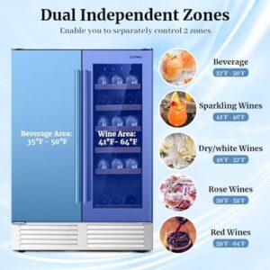 Costway Wine and Beverage Refrigerator, 24 Inch Dual Zone with Lock, Stainless Steel Door, Freestanding & Built-in