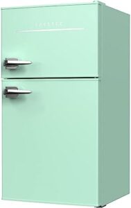 2-Door Mini Fridge with retro mint green design, side bottle opener, and temperature settings
