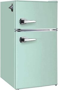 2-Door Mini Fridge with retro mint green design, side bottle opener, and temperature settings