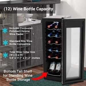 NutriChef Wine Fridge with stainless steel and glass door, displaying 12 bottles of wine