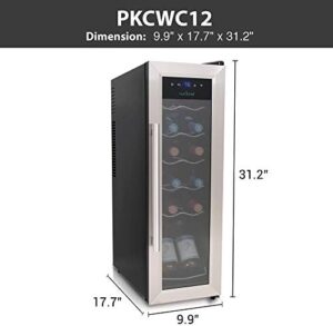 NutriChef Wine Fridge with stainless steel and glass door, displaying 12 bottles of wine