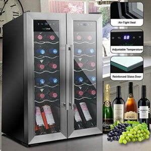 NutriChef Wine Fridge 24 Bottle Wine Cooler Refrigerator Stainless Steel Dual Zone Digital Temperature Control