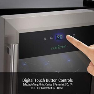 NutriChef Wine Fridge 15 Bottle Wine Cooler Refrigerator, compact countertop design with digital temperature control and airtight glass door
