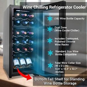 NutriChef Wine Fridge - 18 Bottle Wine Cooler, Dual Zone Temperature Control 