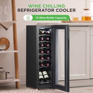 NutriChef Wine Fridge 14-Bottle Cooler with Digital Temp Control and Airtight Glass Door