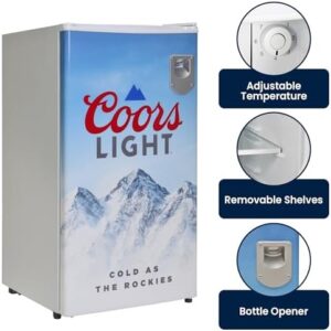 Coors Light Compact Fridge with Bottle Opener, White, Space-Saving Flat Back Design, and Licensed Artwork