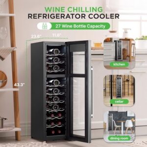 NutriChef Wine Fridge - 27 Bottle Wine Cooler with Dual Zone Temperature Control and Airtight Glass Door