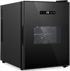 Nutrichef 12 Bottle Slim Wine Fridge, compact and ultra-quiet wine cooler for both red and white wines, black color.