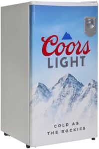Coors Light Compact Fridge in white, featuring a bottle opener and licensed Coors Light artwork.