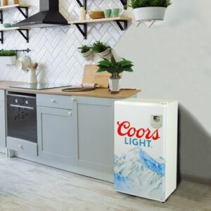 Coors Light Compact Fridge in white, featuring a bottle opener and licensed Coors Light artwork.
