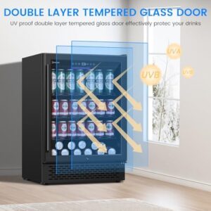 24 Inch Black Beverage Refrigerator with Glass Door and Lock, Built-in or Freestanding