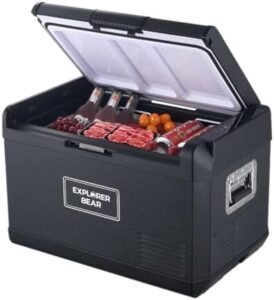 Explorer Bear 12 Volt Refrigerator in use in a car for a road trip, showcasing its cooling power