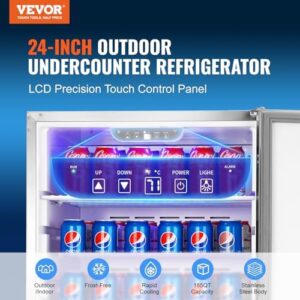 VEVOR 24 inch Indoor/Outdoor Beverage Refrigerator, sleek stainless steel body, perfect for home bar or commercial use