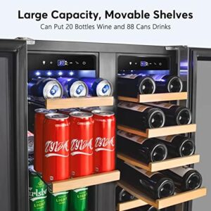 Tylza 24-inch dual-zone wine and beverage refrigerator with French door design, holding 20 bottles and 88 cans.