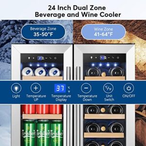 Tylza 24-inch dual-zone wine and beverage refrigerator with French door design, holding 20 bottles and 88 cans.