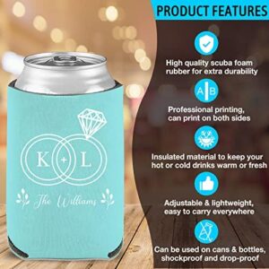 Custom beer can cooler sleeves with personalized logo, photo, and text for weddings and parties.