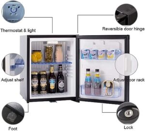 12V Mini Fridge with Lock, reversible door, black, portable fridge for RV, apartment, camper, silent operation