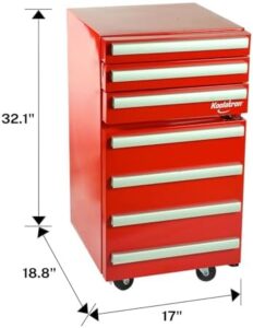 Koolatron Tool Chest Fridge in red with built-in tool storage and locking swivel wheels