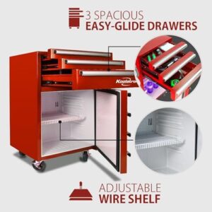 Koolatron Tool Chest Fridge in red with built-in tool storage and locking swivel wheels