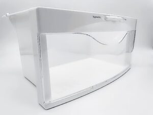 UPGRADED Lifetime Appliance WR32X10524 Crisper Pan Shelf Assembly installed in a GE refrigerator