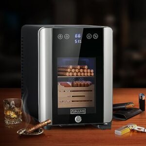 JINJUNYE 8L Electric Cooler Countertop with Hygrometer, Small Fridge with Spanish Cedar Wood Drawer Shelves