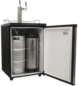 EdgeStar KC3000SSTWIN Kegerator with Digital Display - Black and Stainless Steel, showcasing dual taps