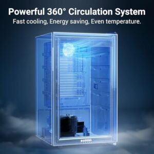 BODEGA Beverage Refrigerator Cooler with glass door, black, showcasing the sleek design and adjustable shelves