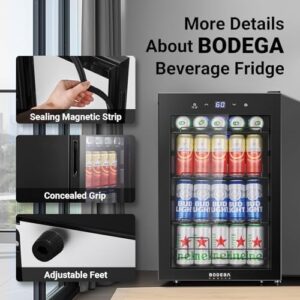 BODEGA Beverage Refrigerator Cooler with glass door, black, showcasing the sleek design and adjustable shelves