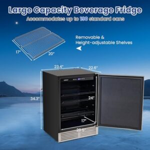 COSTWAY 24 Inch Beverage Fridge with stainless steel door and removable shelves, ideal for soda, beer, and wine storage