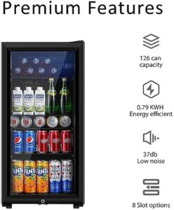 Saeoola Beverage Refrigerator with double glass doors and adjustable shelves, perfect for home, office, or bar use.