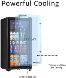 Saeoola Beverage Refrigerator with double glass doors and adjustable shelves, perfect for home, office, or bar use.