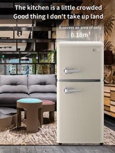 KRIB BLING Retro Fridge with Freezer, 3.5 Cu. Ft., Cream Color, in a Bedroom or Office Setting 