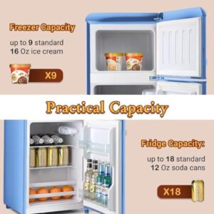 OOTDAY Retro Mini Refrigerator – 4 Cu. Ft. Small Fridge with Freezer, Blue Color  