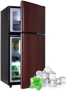 Oditton Mini Fridge with Freezer and Thermostat, Wood Grain Color, for Home Office and Dorm