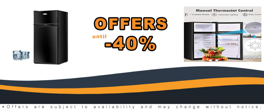 Ererboom 3.4 Cu.Ft Mini Fridge with Freezer, Black, placed in a modern office space