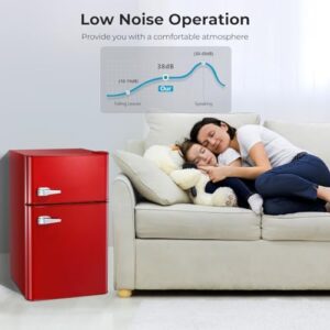 HAVATO Small Refrigerator with Freezer, 3.2 Cu.ft, Red, with removable glass shelves and 7-level adjustable temperature